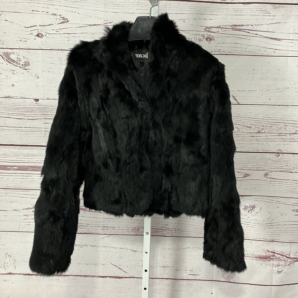 Taxi Black Fur Jacket Cropped Long Sleeve Hook Front Womens Size Large